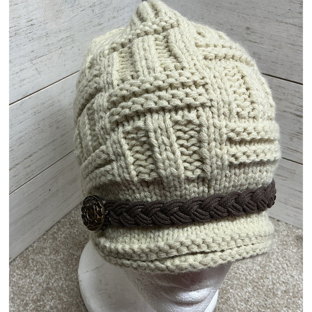 Women's Soft Knit Beanie Hat Cream Faux Leather Strap & Buttons